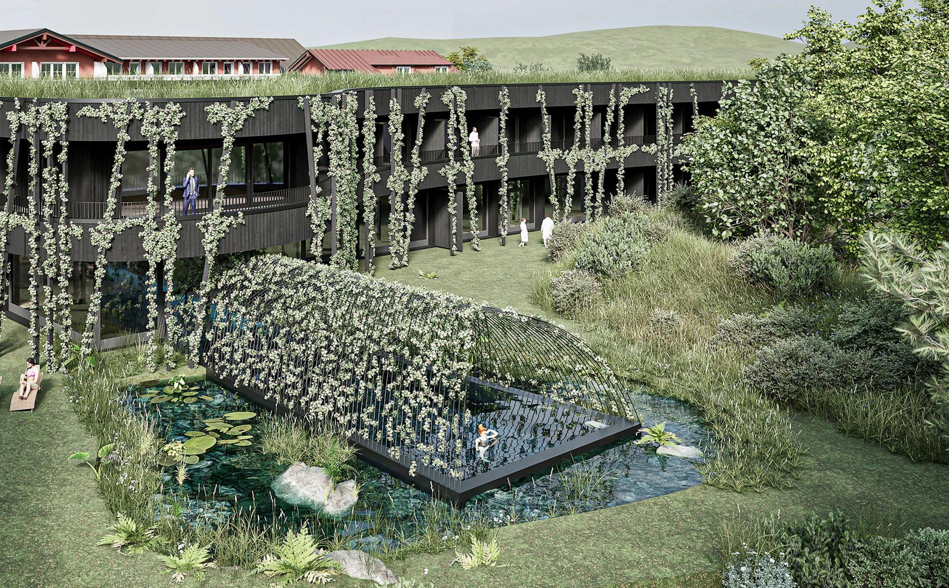 Außenansicht des Hotels Fanny Allgäu mit Schwimmteich