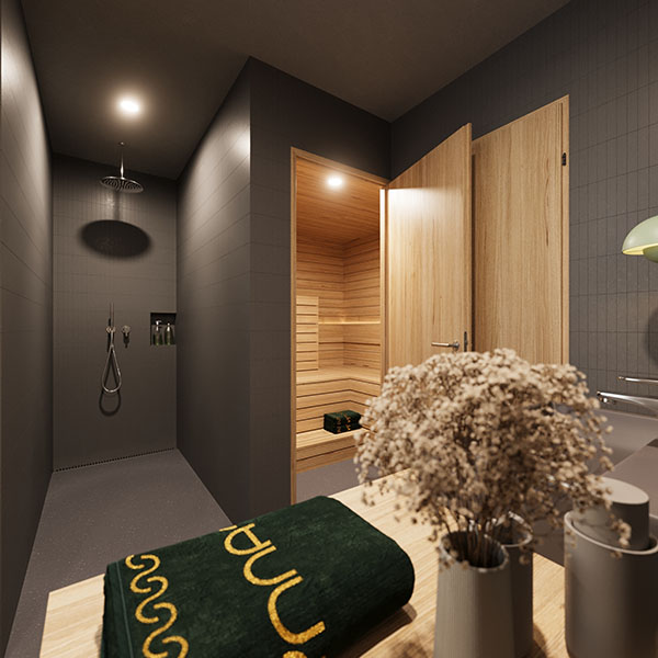 Badezimmer mit Dusche und integrierter Sauna