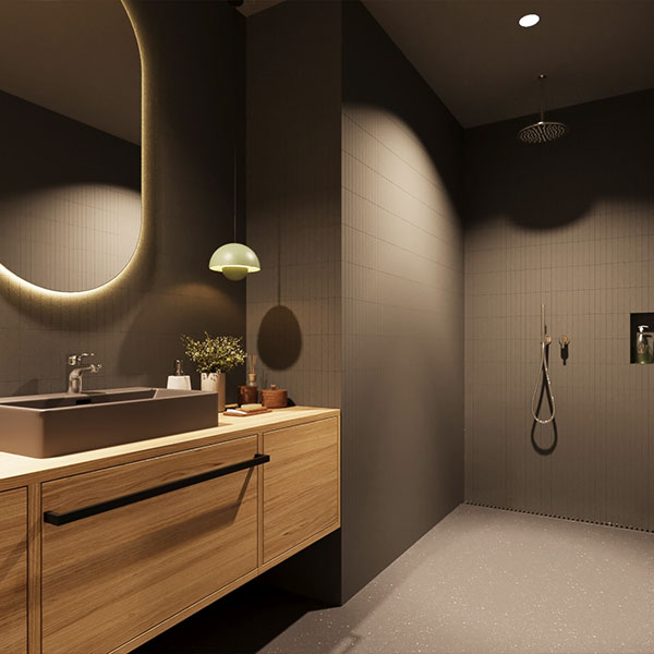 Modernes Badezimmer mit Waschbecken, Spiegel und Dusche