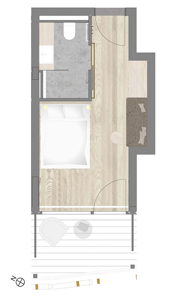 Grundriss Einzelzimmer Abendlicht mit Balkon im Hotel Fanny