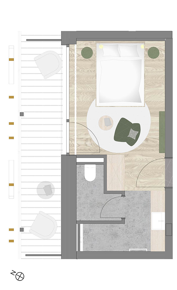 Grundriss Einzelzimmer Sonnenruh mit Bad und Balkon