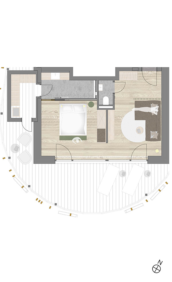 Grundriss Suite Moorlichtung mit Wohnbereich und großer Terrasse