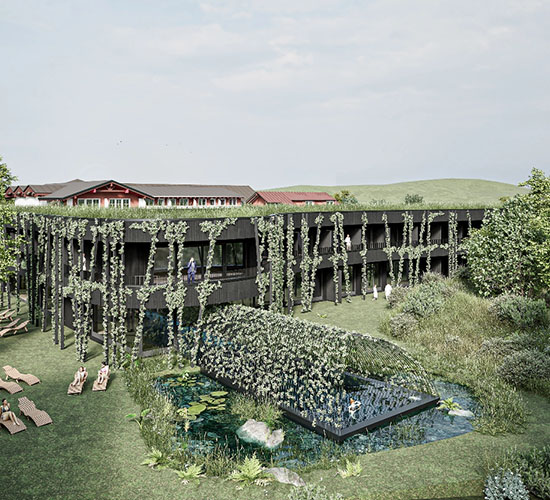 ußenansicht eines nachhaltigen Wellnesshotels mit Naturteich